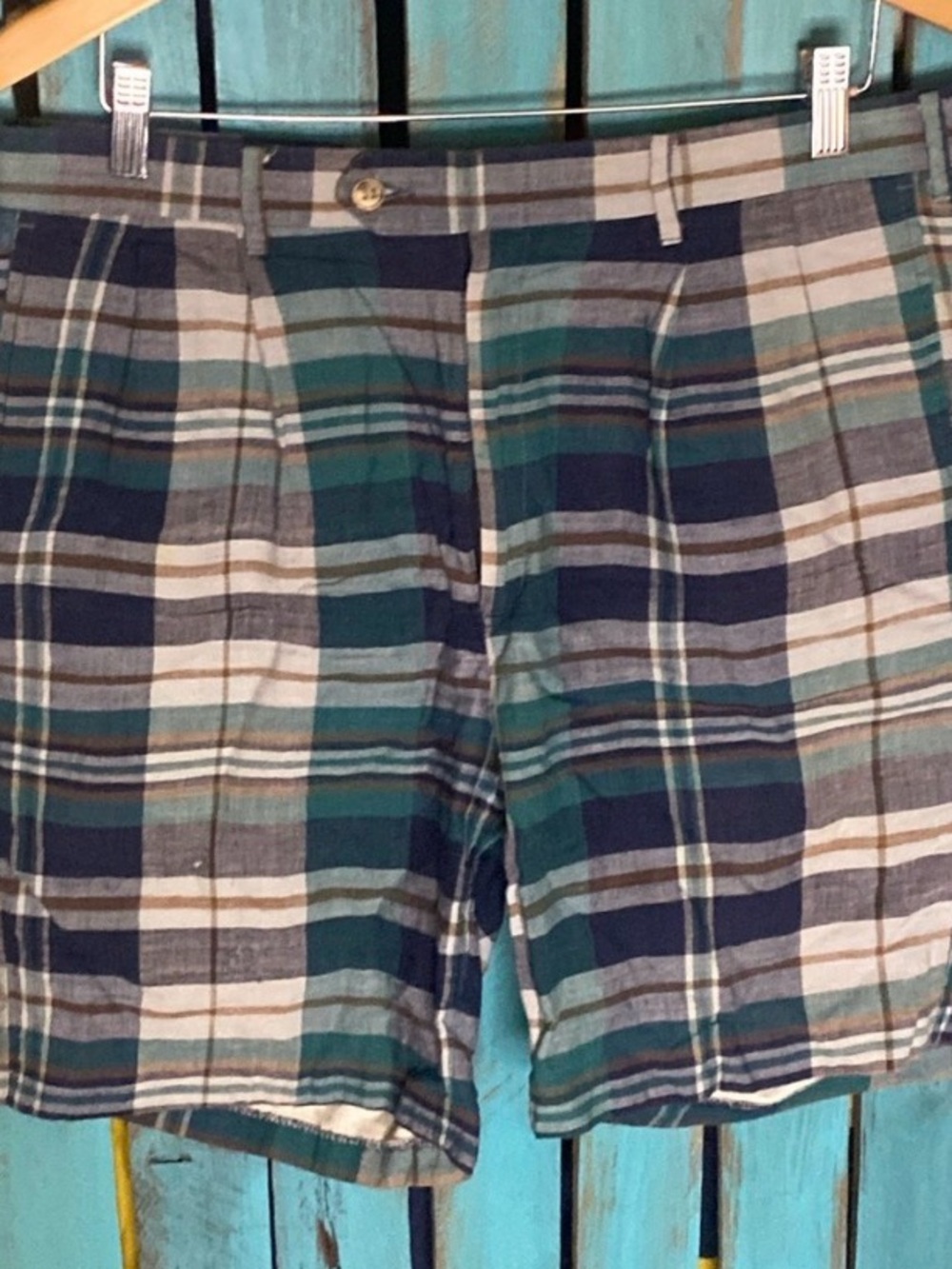 Vintage India Madras plaid shorts size 35x8 blue white tan Talon zipper